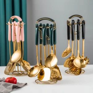 Nordic Luxury Stainless Steel Cooking Tools Kitchen Utensils with Shelf - JIEYANG CITY JIESHI HARDWARE PLASTIC CO., LTD. - China