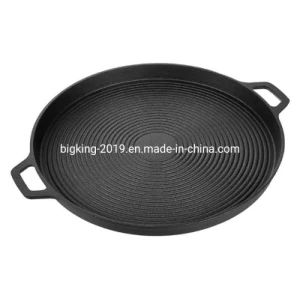 2021 New Round Pre-Seasoned Non-Stick Cast Iron Roasting BBQ Steak Grill Griddles with Dual Handles - Hebei Bigking Cookware Co., Ltd. - China