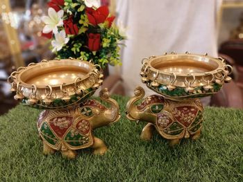 Golden Super Fine Brass Urli With Elephants, For Decoration Color Golden Material Brass Finish Super Fine Usage/Application - Vikas Metal Arts - India