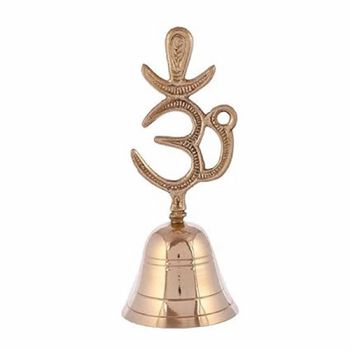Golden Brass Puja Bell, Size: 14X5.6cm, For Worship Color Golden Size 14x5.6cm Material Brass Shape Om Shape Finishing Metal - Larko India - India