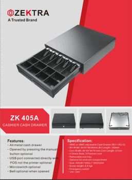 Zektra 405a		 Cash Drawers Color Black Brand ZEKTRA Machine Type Fully Automatic Frame Material Heavy Duty Metal Country of Origin Made in - Bhardwaj Industries - India