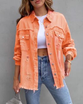 Multi-Colours Denim Shirts Women Clothes Women's Outwear MID-Length Distressed Denim Jacket Girls Shirts Casual Four Seasons Jeans Jacket Denim Street Wear - Mingteng Clothing Factory Ltd. - China