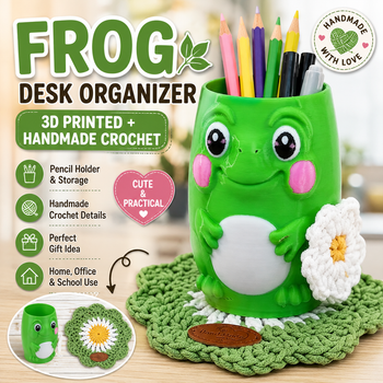 Frog Shaped Desk Organizer with Handmade Crochet Flower & Mat – 3D Printed Pencil Holder & Cute Office Storage from CREATIVECORNERSZ LTD Frog Shaped Desk Organizer with Handmade Crochet Flower & Mat – 3D Printed Pencil Holder & Cute Office Storage - CREATIVECORNERSZ LTD - Bulgaria