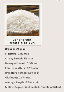 Vietnam White Rice 504, 5% Broken – product photo, White Rice Flour products found from trusted suppliers, wholesalers, manufacturers & exporters Listing