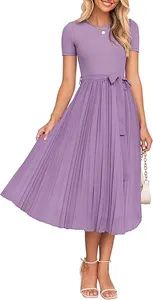 Womens Summer MIDI Dresses Casual Crew Neck Belted Pleated A Line Dress - Goldely Garment Import and Export Inc. - China