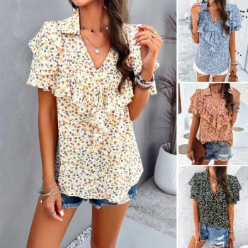 Summer Elegant Printed Ruffled Top Blouse for Women Ladies Tops - Guangzhou Yuanfeng Textile Technology Co., Ltd. - China