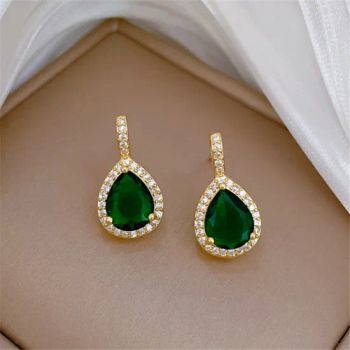 Crystal Pendent Diamond Huggie Hoop Earrings Green Emerald Wedding Bridal Teardrop Stud Earrings - Putian Licheng Blannina Jewelry Co., Ltd. - China