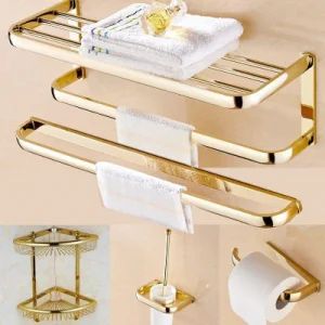 Bathroom Accessories Set Gold Brass Square Paper Tissue Holder Towel Bar Soap Basket Towel Rack Glass Shelf Bath Hardware Set - Jiangmen Anruiqi Kitchen and Bathroom Co., Ltd. - China