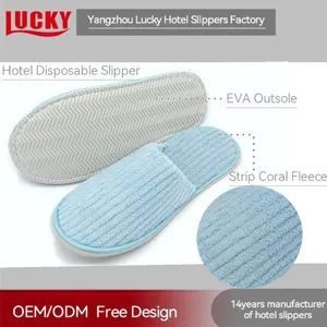 Blue Strip Coral Fleece Hotel Slipper with Embroidery Fashionable Hotel Amenities Indoor Strip Coral Fleece Luxury Hotel Slippers  - Yangzhou Lucky Hotel Slippers Factory - China