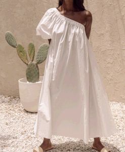 One Shoulder Puff Dress Anklelength Plus Size White Cotton Casual Dresses - Dongguan Tuoyi Clothing Co., Ltd. - China