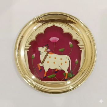 BRASS COW PICHWAI PLATES 6 INCH Art Style Pichwai Art Design Motif Sacred Cow Finish Golden Brass Finish Material High-quality - Metal Artworks - India