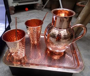 Elegant Copper Glass Jug Set with Sippers & Tray Design Hammered Microwave Safe No Packaging Type Box Usage/Application - S R Trading Corporation - India