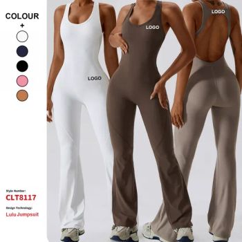 Women Yoga with Pads Bra Rompers Jumpsuits Workout Gym Leggings Sports Ribbed Flared Playsuits Girls Conjuntos Pants Bodysuits - Hangzhou Sheva Garment Co., Ltd - China