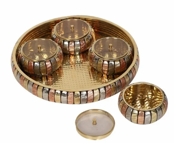 Unique Brown Brass Multipurpose Box Set, For Storage, Round Shape Round Color Brown Weight 375 gm Design Unique Material - Phooldaan - India