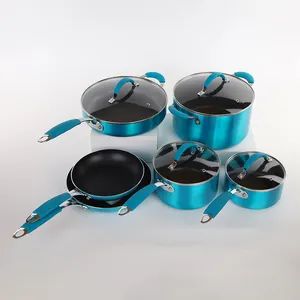 10 PCS Durable Blue Heat Resistant Painting Pots Aluminum Nonstick Cookware Set with Glass Lid - Hangzhou Qiyu Trading Co., Ltd. - China