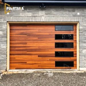 Contemporary Planks Accents Woodtones Wooden Grain Steel Garage Door with Black Window Frame and Tinted Glass - Foshan Puertana Building Materials Co., Ltd. - China