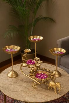 Elephant Gold Baggi With Rose Border Urli 1 Diya Urli And Rose Diya Holder 3 Candle Stands - Samar Innovative - India