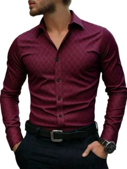 Mens Red Wine Business Casual Stand Collar Long Sleeve Shirt for Daily Commuting and Formal Wear - Guangzhou Shengli Clothing Co., Ltd. - China