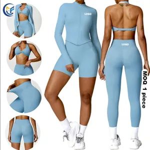Fashion Casual Gym Active Wear Yoga Set 2 Piece Nylon Long Sleeves Halter Sports Bra Fitness Sports Shorts Suit for Women Running - Xiamen Morphy Technology Co., Ltd. - China