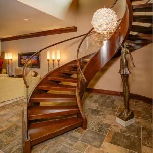 Wooden Staircase Glass Railing Wood Tread Curved Stairs for Villa - Double Building Materials Co., Ltd. - China