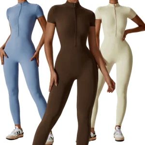 Wholesale Factory Summer Women's One Piece Short Sleeves Leggings Zipper Front Tummy Control Dry Fit Gym Sports Wear Set Sports Romper Jumpsuit - Hangzhou Toptop Clothing Co., Ltd. - China