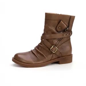 Custom Plus Size High Quality Genuine Leather Moto Boots for Women Retro Leather MID Calf Boots Buckle Boots Factory - Guangzhou Weirui Shoes Co., Ltd. - China