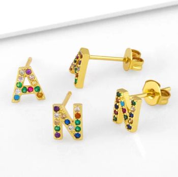 Dubai Gold Plated CZ Initial Letter Stud Earrings Jewelry Full Diamond a-Z Alphabet Earrings - Fujian Junqing Trade Co., Ltd. - China