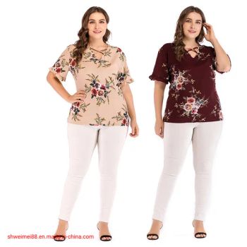 Women's Elegant Short Sleeve Floral Print Plus Size Loose Blouse Casual Shirts Tops - Hangzhou Weimei Garments Co., Ltd. - China