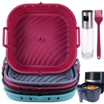 Kitchen Accessories Bakeware Square Basket Durable Non-Stick Reusable Collapsible Airfryer Silicone Mold Air Fryer Liners with Oil Sprayer and Pastry Brush - Shenzhen Hewang Silicone Product Co., Ltd. - China