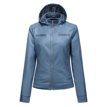 Womens Faux PU Leather Hooded Jackets Zippered Hoodie Short Slim Motorcycle Jacket - Xiamen Richtex Garments Co., Ltd - China