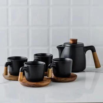 High Quality Matt Black Mugs Ceramic Tea Cups Wood Saucer with Wooden Handle Coffee Cup Gift Set Ceramics Tea Sets - GOOD SELLER CO., LTD. - China