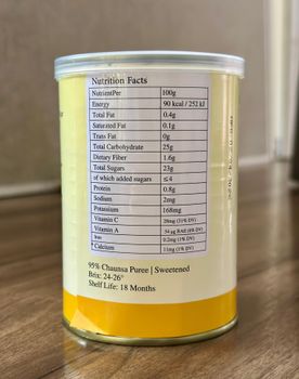 Mango Can Chaunsa 850 GMS Pulp Puree Ph 3.8–4.2 Brix 20–24 Coliform Negative Season June–july 2026 Salmonella Nil Per 25g - A A Pulp & Puree Private Limited - Pakistan