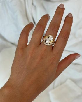 Vintage Engraved Toi et Moi Diamond Engagement Ring with Baguette Curved Nesting Band Set - www.clairediamonds.com - India