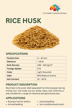 Rice Husk raw and hot Supply Format Bulk Moisture Content Low Husk Cleanliness Clean Max. Moisture (%) < 10 % Flavor Mild natural aroma - PT. Synergy Natura Optima - Indonesia