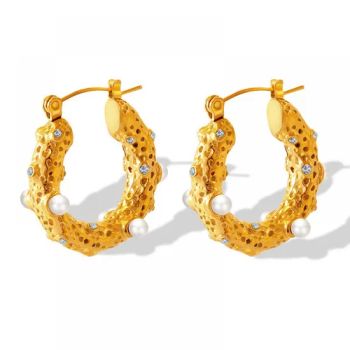 Chunky Fashion Hammered Embossed Imitation Pearl Stainless Steel Gold Plated Hoop Earrings - Shenzhen Right Grand Jewelry Co., Ltd. - China