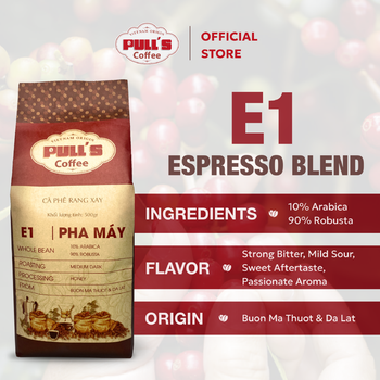 Pull’s Coffee E1 Espresso Blend – Vietnamese Ground Coffee, 90% Robusta & 10% Arabica, Medium Dark Roast, 500g from PULLS COFFEE COMPANY LIMITED Pull’s Coffee E1 Espresso Blend – Vietnamese Ground Coffee, 90% Robusta & 10% Arabica, Medium Dark Roast, 500g - PULLS COFFEE COMPANY LIMITED - Vietnam