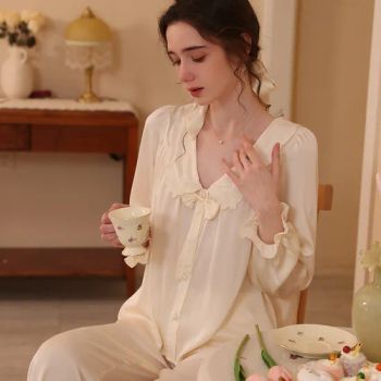 Long Sleeve Ice Silk Soft Satin Button Down Pajamas Loungewear Sleepwear Set - Market Union Co. Ltd. - China