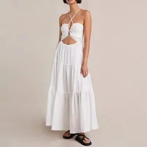 Summer Casual Dresses Sexy Halter Neck Cut out Bust Pleated A Line Maxi Dress - Jiaxing Qijia Imp&Exp Co., Ltd - China