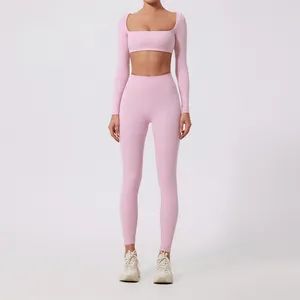 Womens Workout Sets 2 Piece Long Sleeve Square Neck Crop Top Shirts Scrunch Butt Leggings Gym Yoga Outfits - Dongguan Ume Trade Co., Ltd. - China