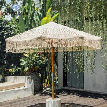 Custom Luxury Wooden Pole 2.4m Cotton Rope Tassels Fringe Outdoor Parasol Swimming Pool Garden Decorated Large Patio Umbrellas - Hebei New Sight Outdoor Products Co., Ltd. - China
