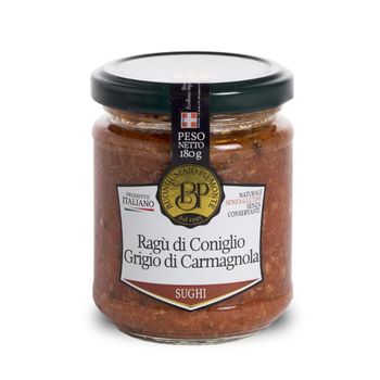 Rabbit meat sauce in glass jar Taste Salty Style PRESERVED Weight (kg) 0.18 Shelf Life 3 years Ingredients rabbit Certification - GUSTI D'ITALIA S.R.L. - Italy