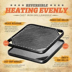 Square Nonstick Preseasoned Cast Iron Double Sided Grill and Griddle for Outdoor Camping and Kitchen Stove Top - Hebei Debien Technology Co., Ltd. - China