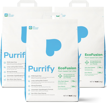 EcoFusion Cat Litter 3 Pack (8lb Each) Tofu & Corn Blend, Zero Powdering, Zero Mess, 99.8% Dust-Free, 98% Odor Control, Fast Clumping, Non-Stick, Includes Bonus Cat Scratcher - Purrify - United States