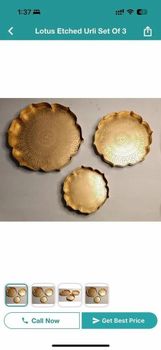 Capacity: 800 ML Golden Metal embossed Lotus flower urli set Color Golden Code No Se 65 Capacity 800 ML Material Iron - Sadaan Exports - India