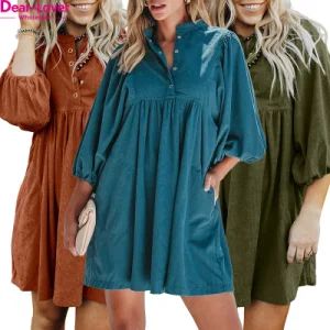 Dear-Lover Wholesale Vestido De Mujer Mini Dress Corduroy Snap Buttons Empire Waist Bracelet Sleeve Womens Dresses - Fujian New Shiying E-Commerce Co., Ltd. - China