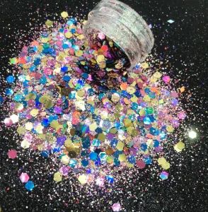 Eco Friendly Pet Holographic Colors Chunky Mix Body Glitter Type Powder Material PET Origin China Trademark HRM Color - Dongyang Hairuiman Commercial and Trading Co., Ltd. - China
