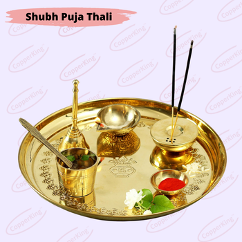 Puja Shubh Brass Poja Thali, For Temple Color Gold Design Round Handmade Yes Material Brass Brand CopperKing Suitable For - CopperKing Homee India Private Limited - India