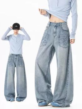 Light blue Denim Jeans Baggy Jeans Wholesale Jeans White Jeans Pants with Hot Fix Stone - Guangzhou Tianhe Shahe Hongyang Clothing Store - China