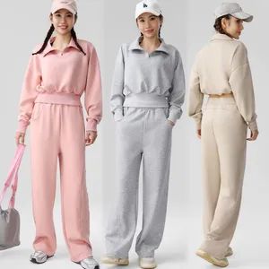 Wholesale New Premium Air Layer Fall Outfits Athletic Sweatsuits for Women, Zipup Sweatshirt + Wide Leg Sweatpants with Pockets Matching Set Sportswear - Dongguan Tianchen Garment Technology Co., Ltd. - China