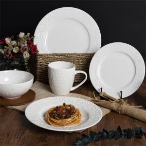 Restaurant Hotel Dinner Plate White Porcelain Embossed Texture New Bone China Dinner Sets New Royal Design Ceramic Tableware Fine Bone China Dinner Set - Changsha Happy Go Products Developing Co., Ltd. - China